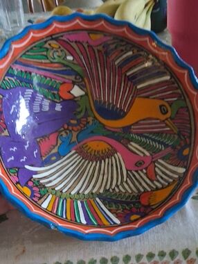 Vintage Talavera Hand-Painted Colorful Bird Clay Bowl Mexico